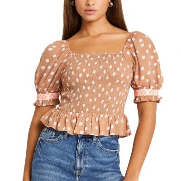 NWT River Island Edith Toffee Spot Smocked Crop Top - Picture 1 of 5